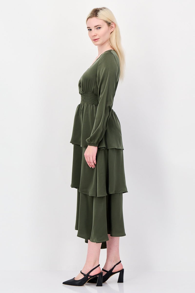bebe Women Plain Tiered Dress, Olive - Image 4